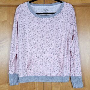Pillow Talk Pink Grey Kitten Face Pajama Top With Kangaroo Pocket and Thumbholes